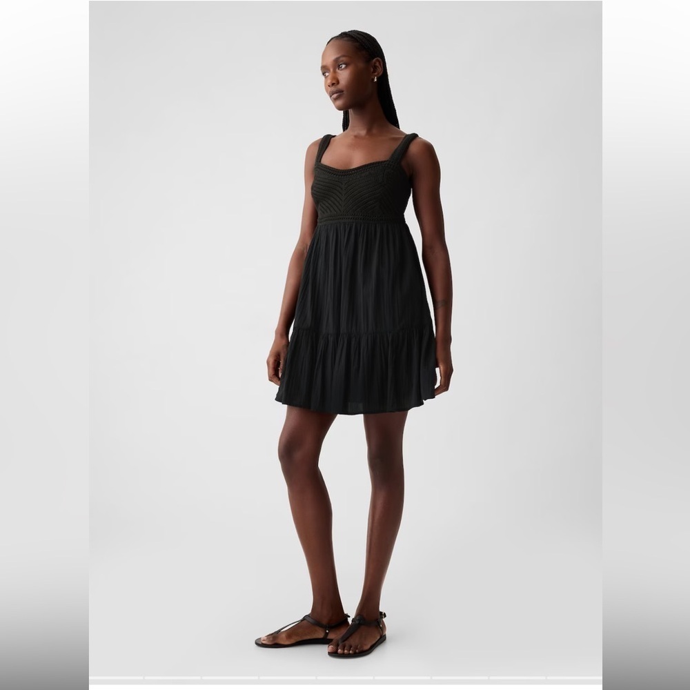 GAP Black Crinkle Crocheted Mini Dress Small NEW